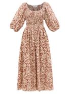 Matteau - Gathered Floral-print Cotton-poplin Midi Dress - Womens - Brown Beige
