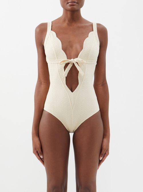 Lisa Marie Fernandez - Scallop Plunge-neck Seersucker Swimsuit - Womens - Light Gold