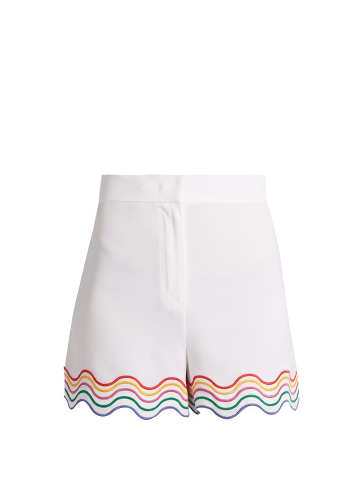 Sara Battaglia Wave-embroidered Stretch-cady Shorts
