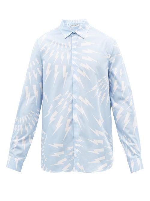 Neil Barrett - Lightning Bolt-print Cotton-poplin Shirt - Mens - Light Blue