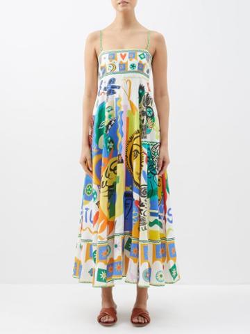 Ale Mais - Soleil Folk-print Linen Dress - Womens - Ivory Multi