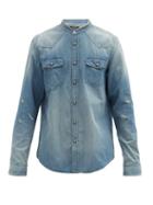 Matchesfashion.com Balmain - Logo-print Distressed Denim Shirt - Mens - Blue