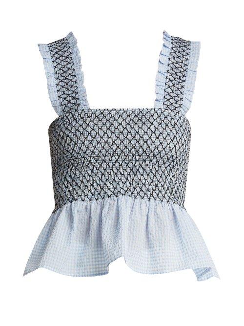 Matchesfashion.com Ganni - Charron Smoked Gingham Cotton Blend Seersucker Top - Womens - Light Blue