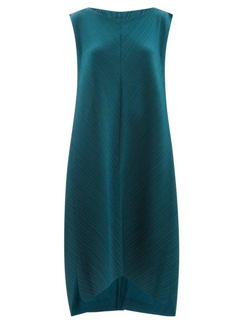 Pleats Please Issey Miyake - Technical-pleated Asymmetric-hem Dress - Womens - Dark Green