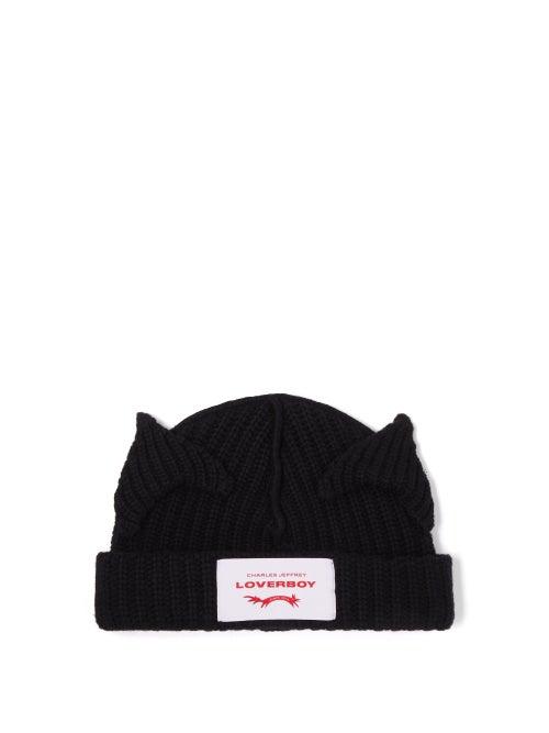 Ladies Accessories Charles Jeffrey Loverboy - Cat Ears Striped Wool-blend Beanie - Womens - Black