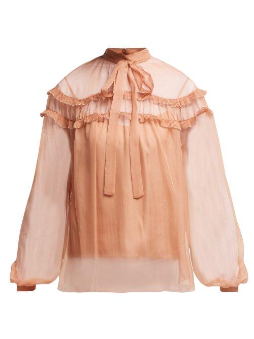 Matchesfashion.com Rochas - Ruffle Trim Silk Chiffon Blouse - Womens - Beige