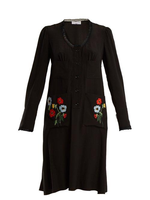 Matchesfashion.com Sonia Rykiel - Floral Embroidered Lace Trimmed Silk Dress - Womens - Black Multi