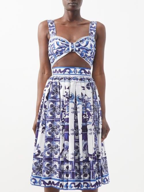 Dolce & Gabbana - Majolica-print Cropped Cotton-poplin Top - Womens - Blue White