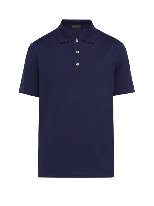 Matchesfashion.com Versace - Medusa Crystal Button Cotton Piqu Polo Shirt - Mens - Navy