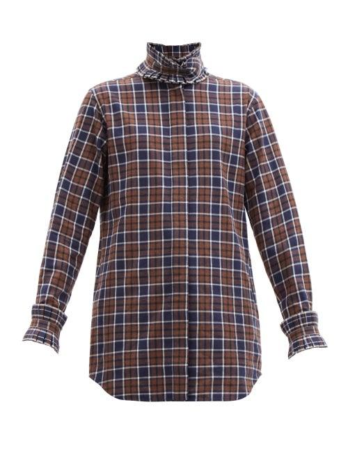 Matchesfashion.com Victoria Beckham - Pleated Neck And Cuffs Check Cotton Shirt - Womens - Brown Navy