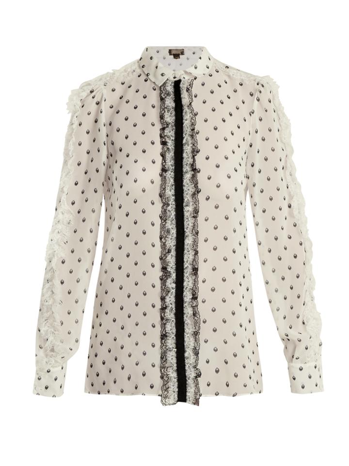Giambattista Valli Printed Lace-trimmed Silk Blouse