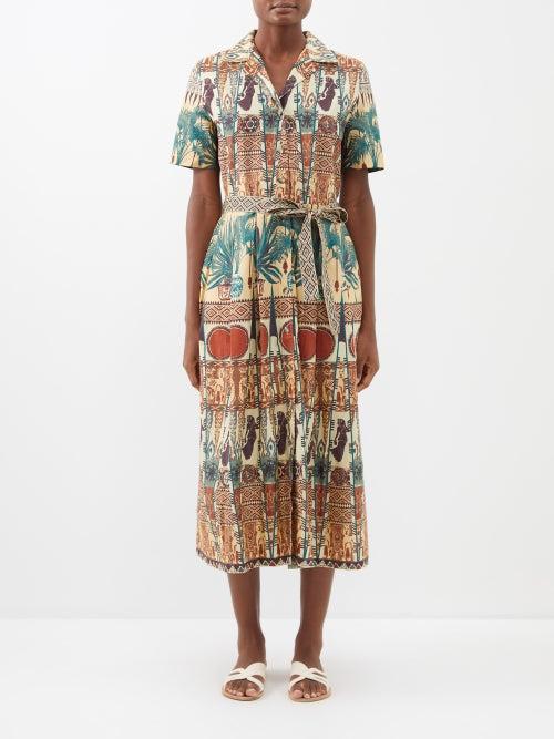 Emporio Sirenuse - Claudia Dancer-print Cotton Shirt Dress - Womens - Green Multi