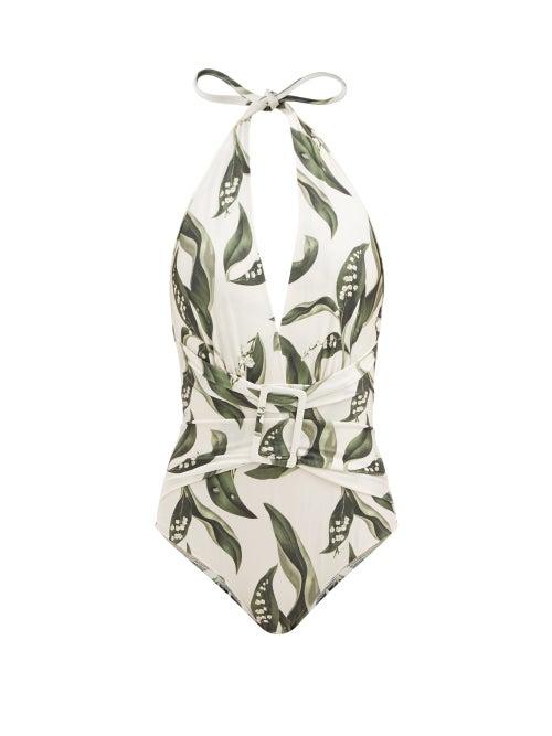 Matchesfashion.com Adriana Degreas - Muguet-print Halterneck Belted Swimsuit - Womens - Cream Print