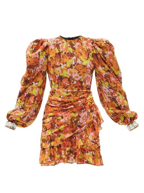 Matchesfashion.com Richard Quinn - Crystal-cuff Floral-print Chiffon Mini Dress - Womens - Orange Print