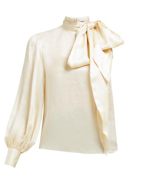 Matchesfashion.com Erdem - Venetia One Sleeve Pussybow Satin Blouse - Womens - Ivory