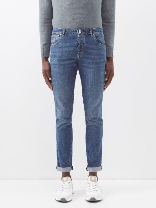 Brunello Cucinelli - Crest-embroidered Washed-denim Jeans - Mens - Blue