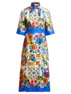 Matchesfashion.com Dolce & Gabbana - Majolica And Rose Print Silk Midi Dress - Womens - White Print