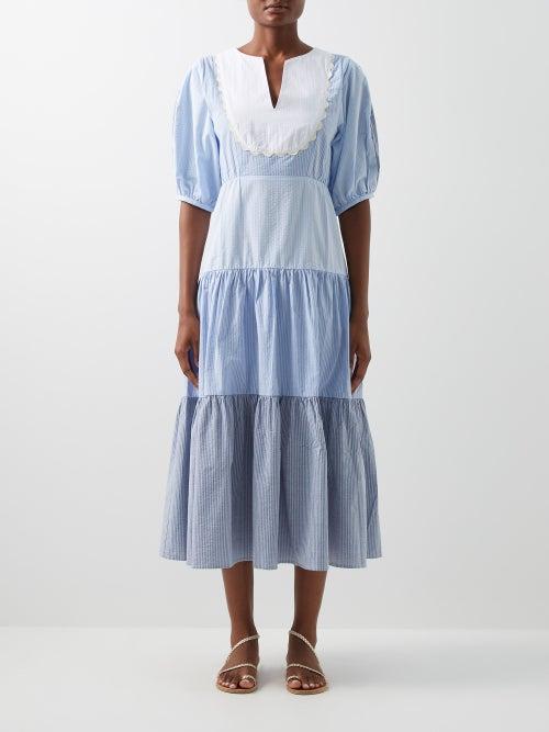 Wiggy Kit - Jacqueline Bib-front Cotton-seersucker Midi Dress - Womens - Blue Multi