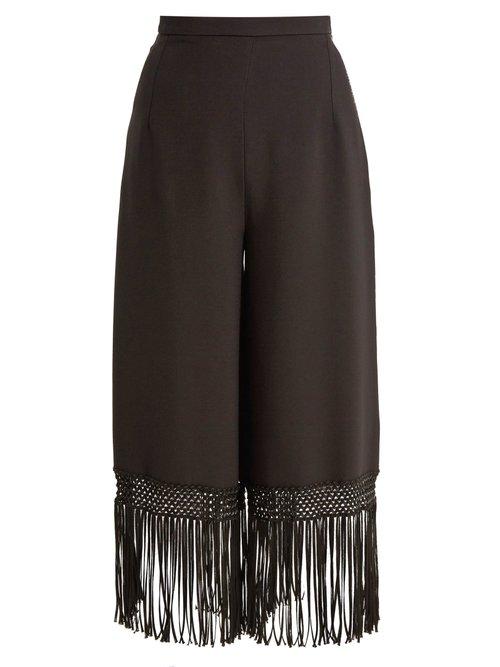 Matchesfashion.com Andrew Gn - Fringed Hem Wide Leg Crepe Trousers - Womens - Black