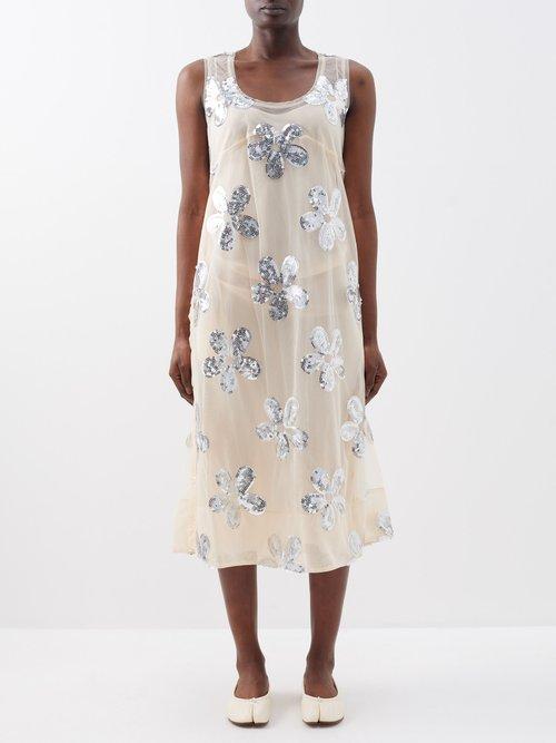Simone Rocha - Sequinned Tulle Slip Dress - Womens - Nude Silver