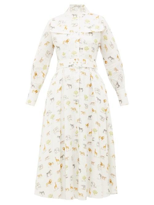 Matchesfashion.com Emilia Wickstead - Appolina Safari-print Belted Linen Shirt Dress - Womens - Cream Print