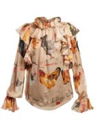 Matchesfashion.com Dolce & Gabbana - Hen Print Ruffled Silk Chiffon Blouse - Womens - Beige Multi