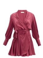 Matchesfashion.com Zimmermann - Gathered-cuff Silk-satin Wrap Dress - Womens - Burgundy