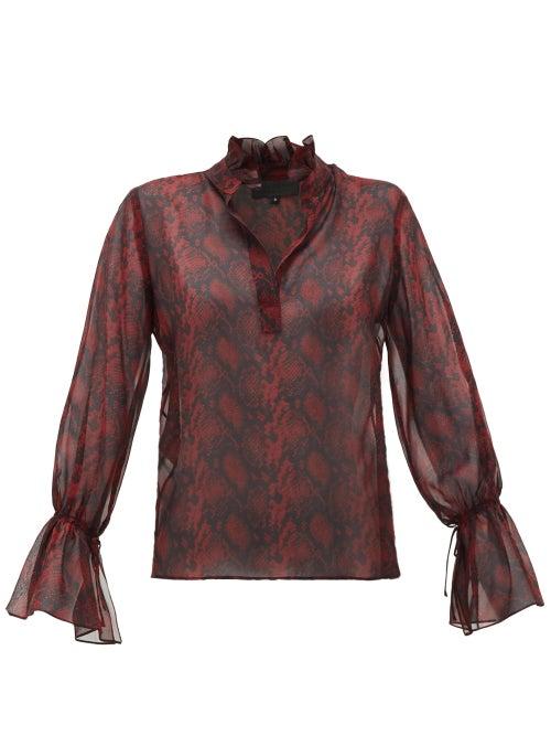 Matchesfashion.com Nili Lotan - Ruffled Snake-print Silk-chiffon Blouse - Womens - Burgundy