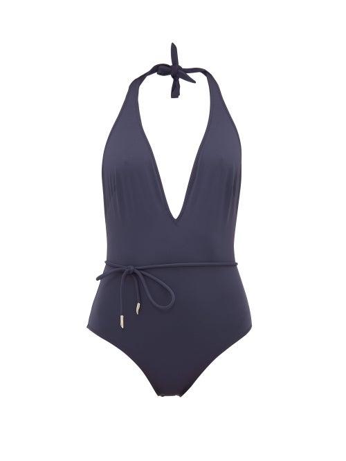Matchesfashion.com On The Island By Marios Schwab - Hawaiki Tied Waist Halter Neck Swimsuit - Womens - Navy