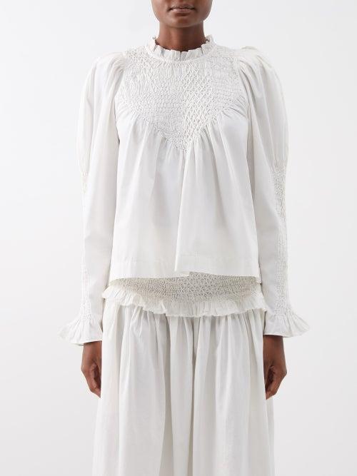 Sea - Casey Ruffle-neck Smocked Cotton Blouse - Womens - Ivory