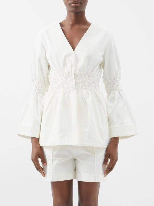 Merlette - Norfolk Collarless Smocked Cotton-twill Jacket - Womens - Ivory