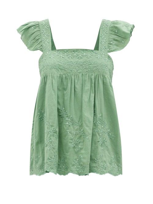 Ladies Beachwear Juliet Dunn - Ruffle-sleeve Floral-embroidered Cotton Top - Womens - Khaki