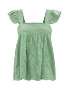Ladies Beachwear Juliet Dunn - Ruffle-sleeve Floral-embroidered Cotton Top - Womens - Khaki