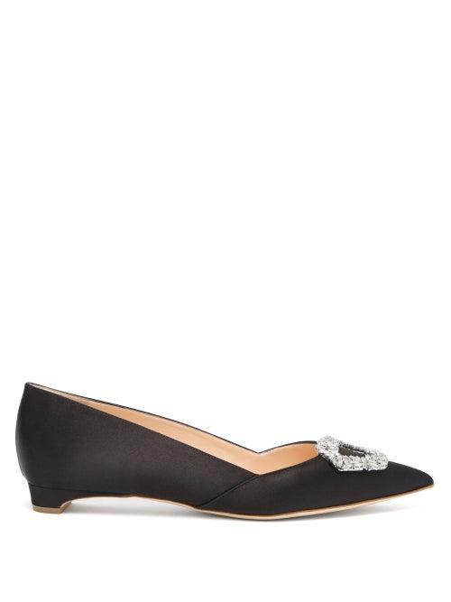 Matchesfashion.com Rupert Sanderson - Crystal-buckle Point-toe Satin Flats - Womens - Black