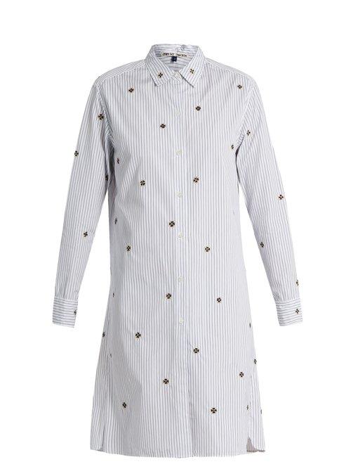 Matchesfashion.com Jupe By Jackie - Gopal Flower Appliqu Pinstriped Cotton Shirtdress - Womens - Blue Stripe