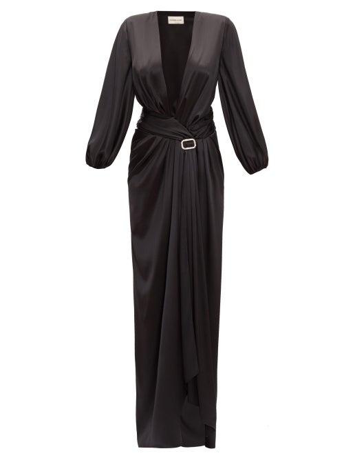 Matchesfashion.com Alexandre Vauthier - Deep V-neck Silk-blend Satin Long Dress - Womens - Black