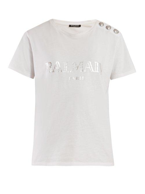 Matchesfashion.com Balmain - Logo Print Cotton T Shirt - Womens - White Silver