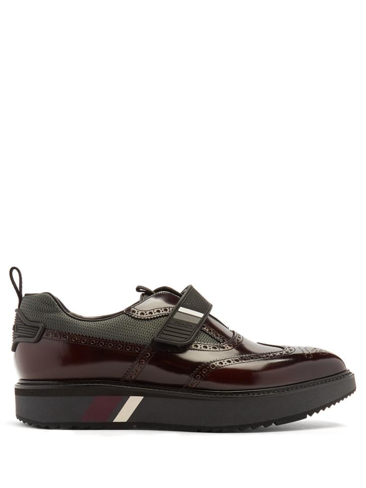 Prada Stacked-sole Velcro-strap Leather Brogues