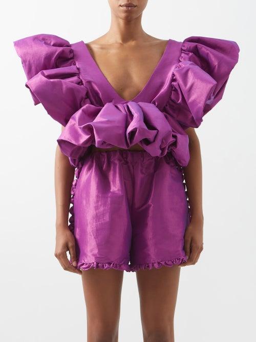 Kika Vargas - Nia Plunge-front Ruffled Silk-blend Taffeta Top - Womens - Dark Pink