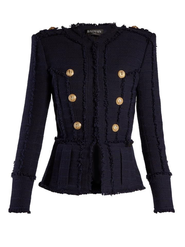 Balmain Frayed-edge Collarless Tweed Jacket