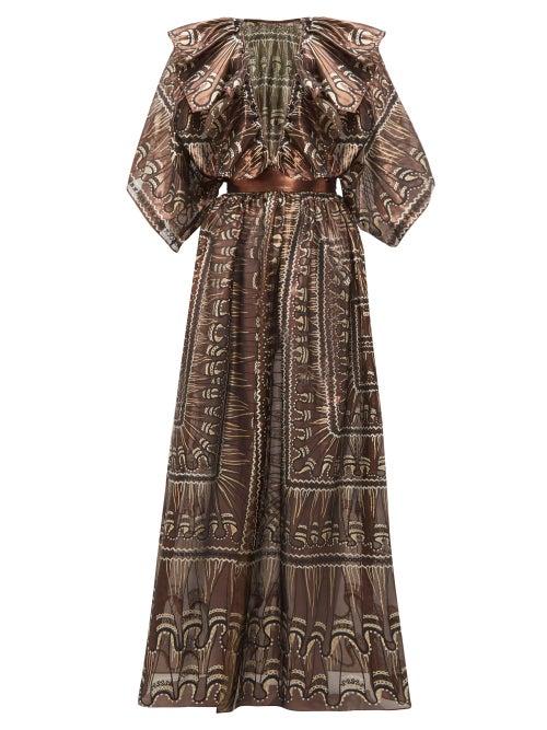 Matchesfashion.com Zandra Rhodes - Ruffled Geometric Print Silk Blend Gown - Womens - Black Gold