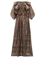 Matchesfashion.com Zandra Rhodes - Ruffled Geometric Print Silk Blend Gown - Womens - Black Gold