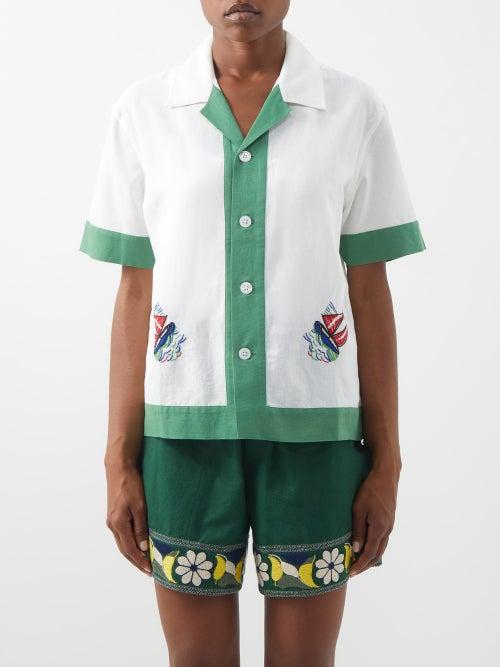 Bode - Primary Sailboat Embroidered Linen-blend Shirt - Womens - Cream Multi