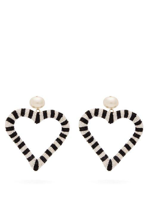 Matchesfashion.com Carolina Herrera - Beaded Striped Heart Earrings - Womens - Black White