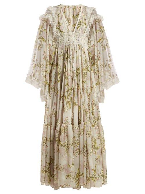 Matchesfashion.com Giambattista Valli - Floral Print Lace Trimmed Silk Crepe De Chine Gown - Womens - White Multi