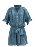 Matchesfashion.com Juliet Dunn - Floral-embroidered Cotton Mini Dress - Womens - Blue