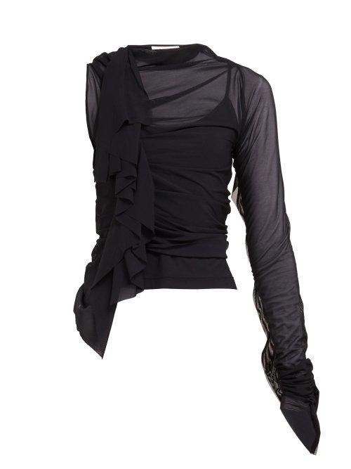 Matchesfashion.com Maison Margiela - Ruffle Trimmed One Shoulder Mesh Top - Womens - Black