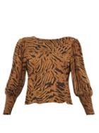 Matchesfashion.com Ganni - Smocked Cuff Tiger Print Crepe Blouse - Womens - Brown Multi