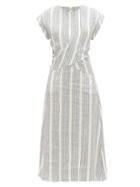 Matchesfashion.com Three Graces London - Striped Linen Midi Dress - Womens - Blue Stripe