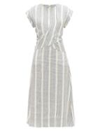 Matchesfashion.com Three Graces London - Striped Linen Midi Dress - Womens - Blue Stripe
